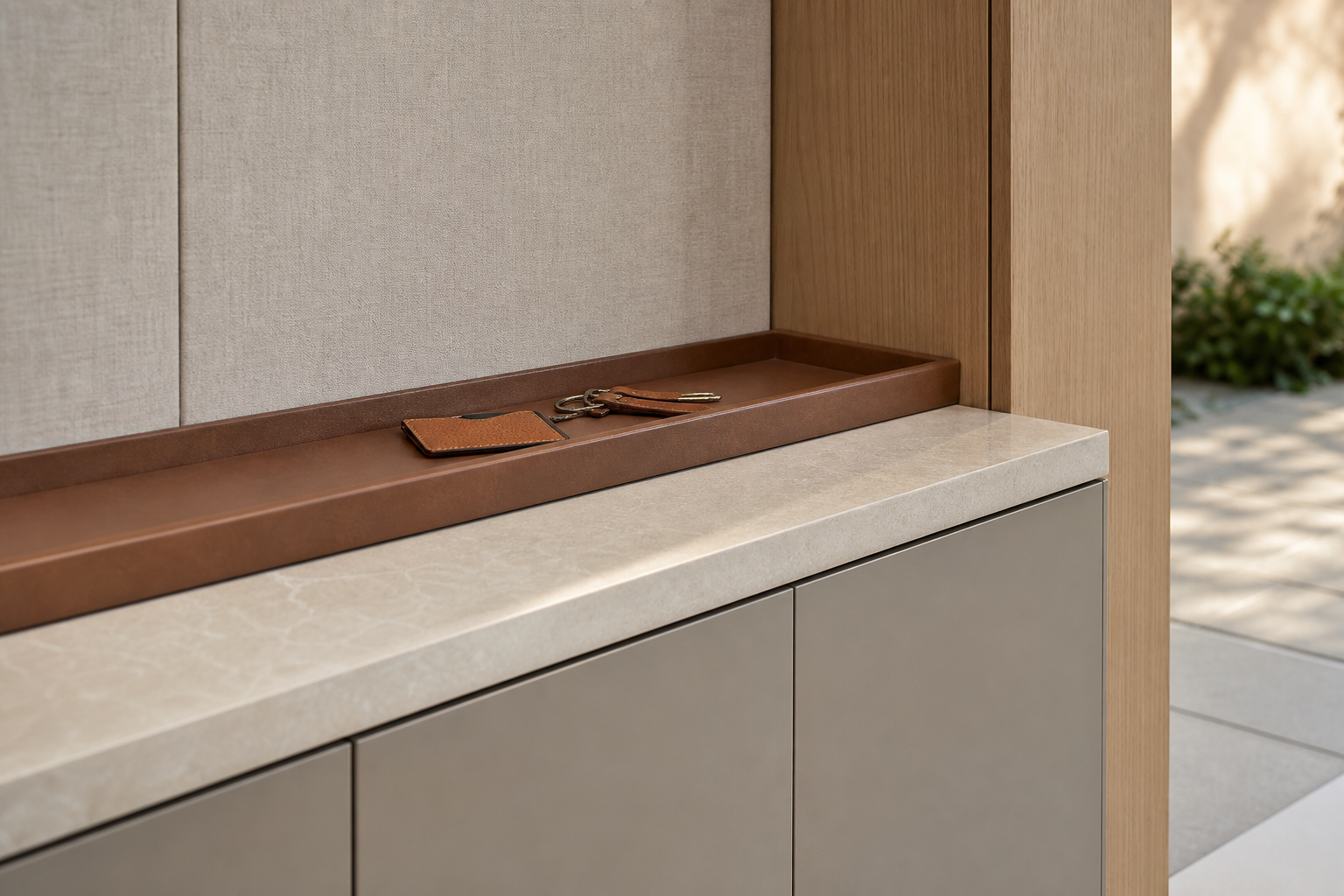 Fadior Savile Entryway Suite with Saddle Tray Bench — close-up of stainless steel finish and hardware detail
