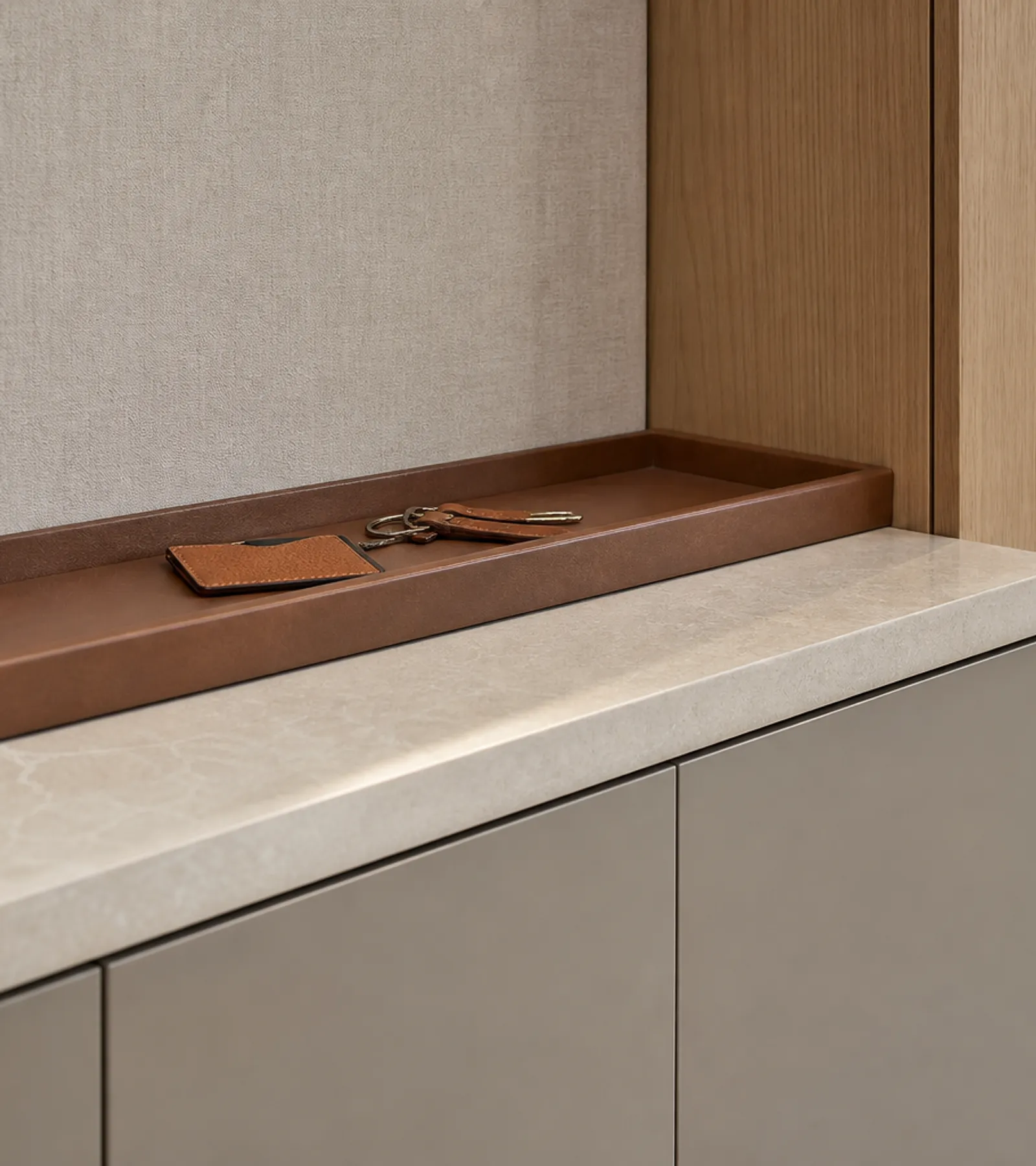Fadior Savile Entryway Suite with Saddle Tray Bench — close-up of stainless steel finish and hardware detail
