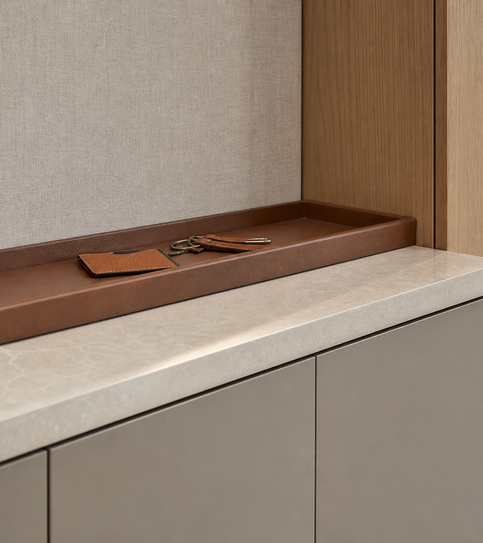 Fadior Savile Entryway Suite with Saddle Tray Bench — close-up of stainless steel finish and hardware detail