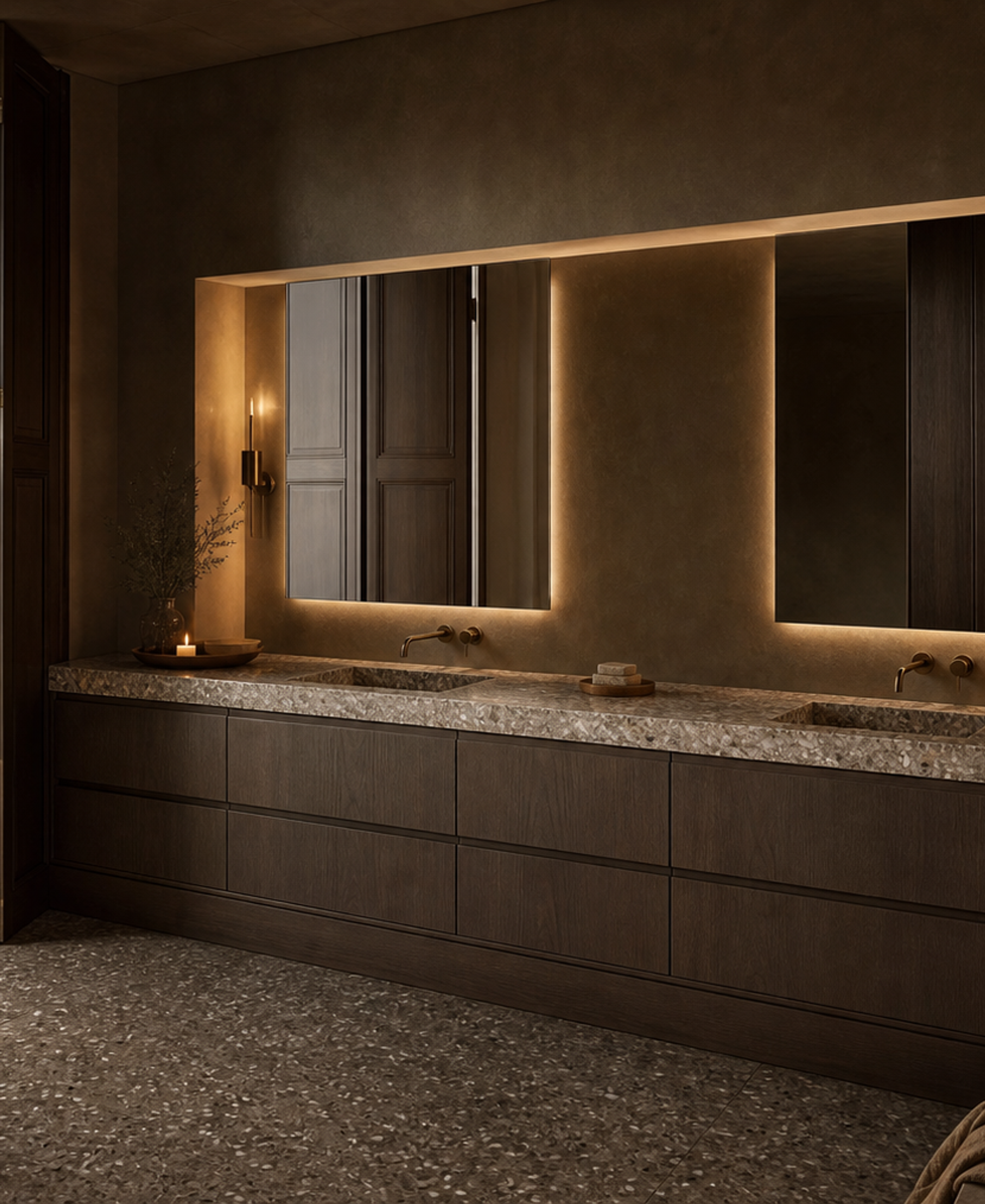 Fadior Nacre Bath and Vanity Suite with Aged Brass Mirror Bay — 304 stainless steel bath and vanity system, front view