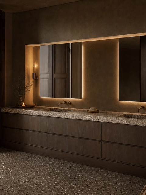 Fadior Nacre Bath and Vanity Suite with Aged Brass Mirror Bay — 304 stainless steel bath and vanity system, front view