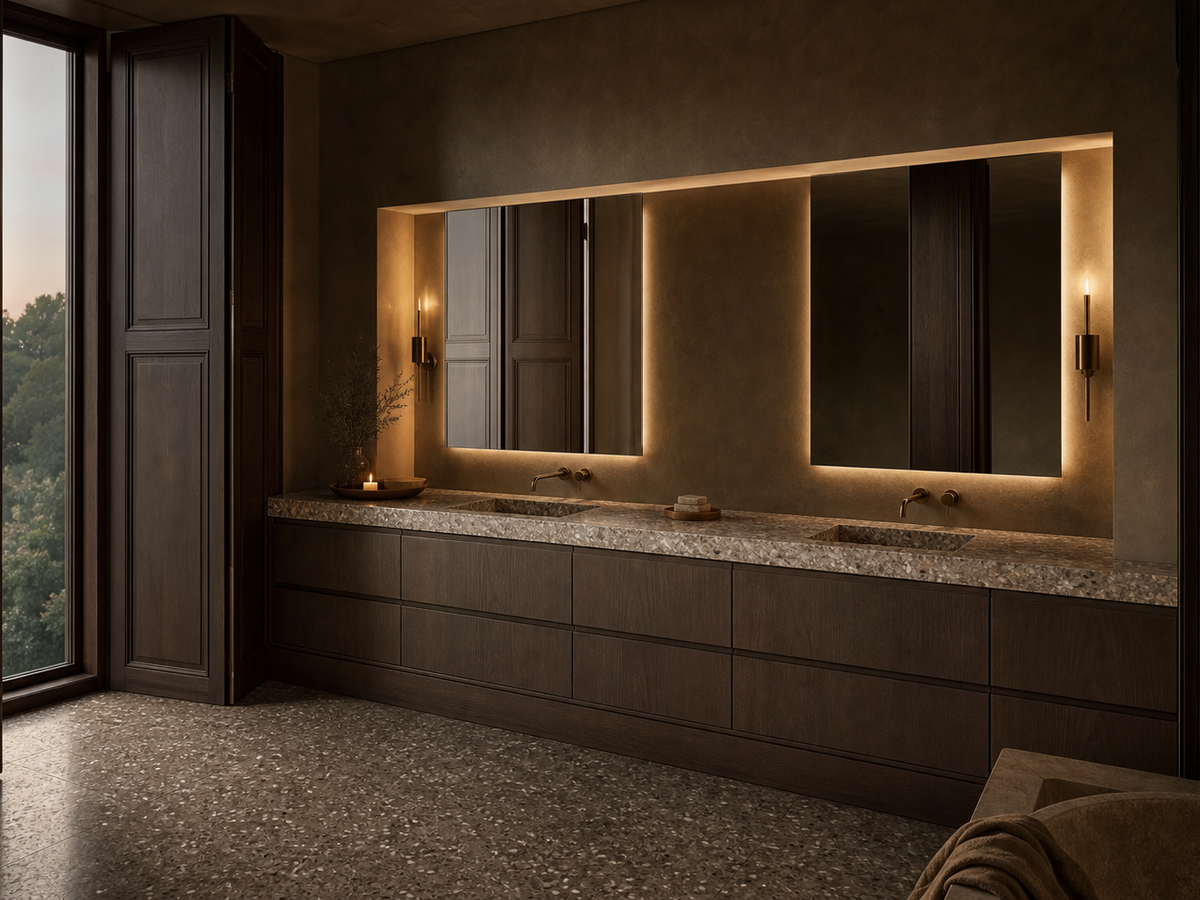 Fadior Nacre Bath and Vanity Suite with Aged Brass Mirror Bay — 304 stainless steel bath and vanity system, front view