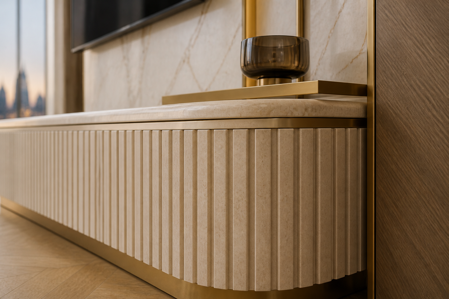 Fadior Galleria Living Room Suite with Fluted Stone Shelving Wall — close-up of stainless steel finish and hardware detail