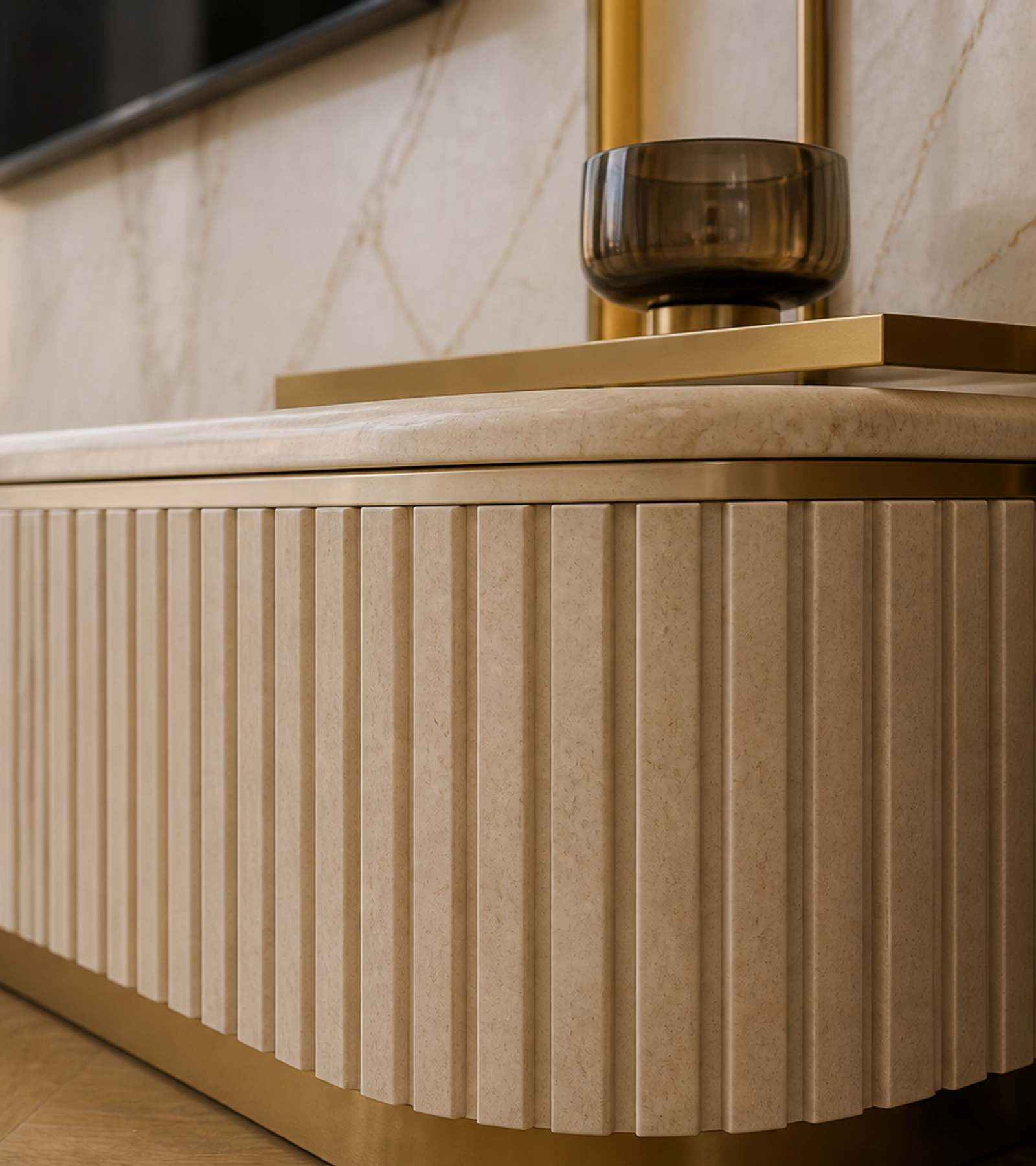 Fadior Galleria Living Room Suite with Fluted Stone Shelving Wall — close-up of stainless steel finish and hardware detail