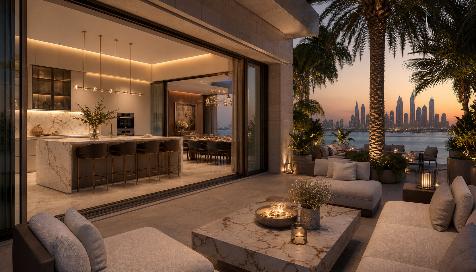 Fadior Dubai 450 sqm Kitchen Villa — terrace sofa, palm tree, glass wall, marble island, skyline lighting