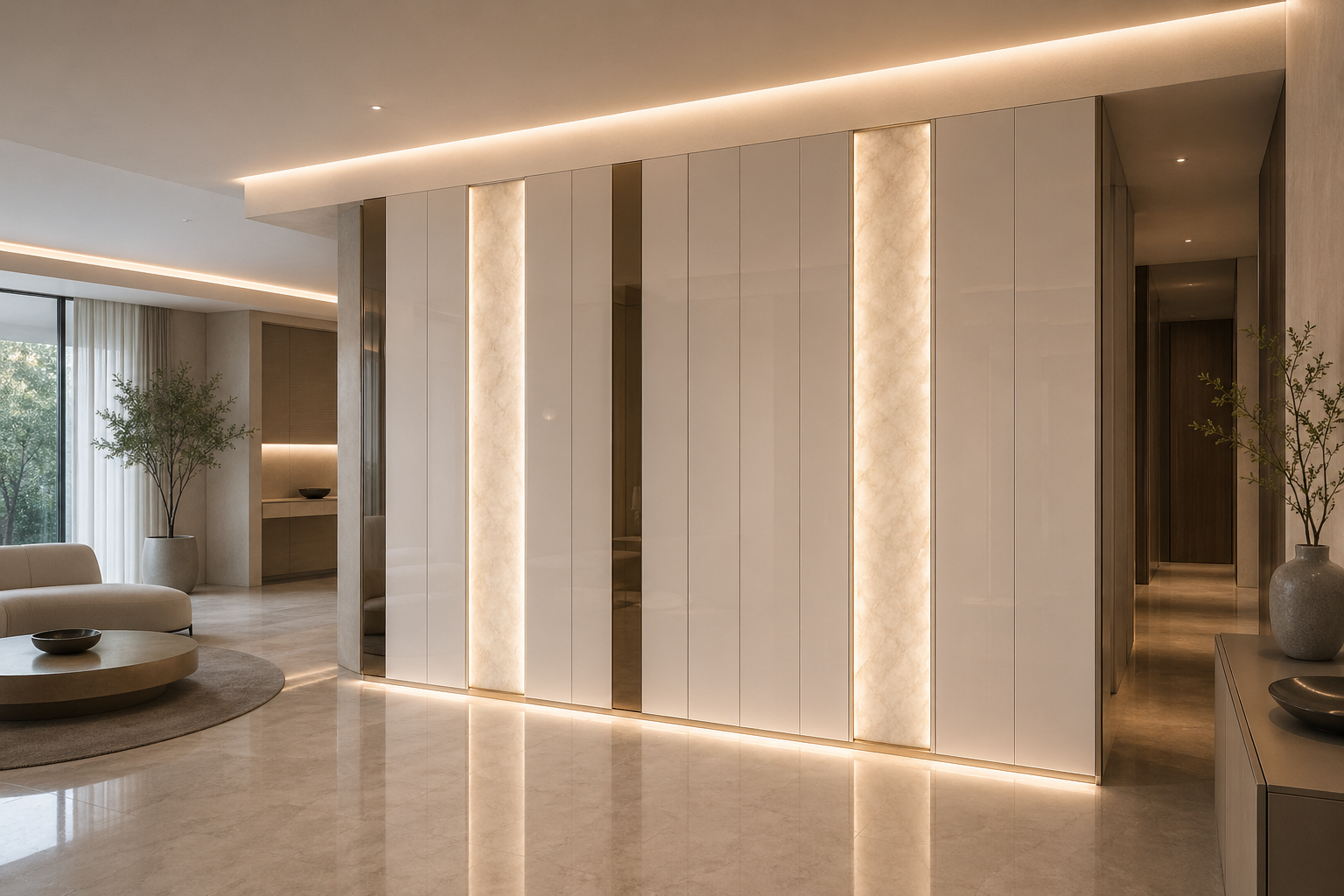 Fadior Miroir Wall Panel Suite with Backlit Mineral Glow Plane — interior room context showing cabinet integration