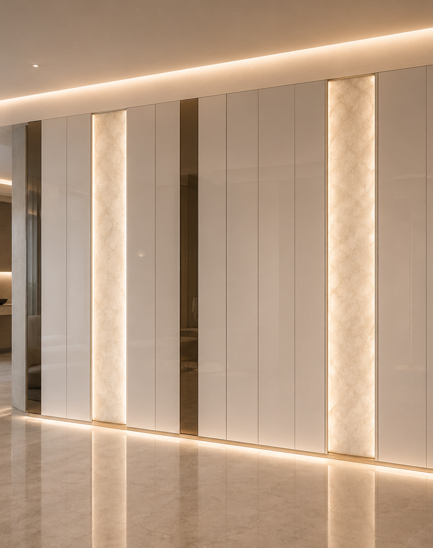 Fadior Miroir Wall Panel Suite with Backlit Mineral Glow Plane — interior room context showing cabinet integration