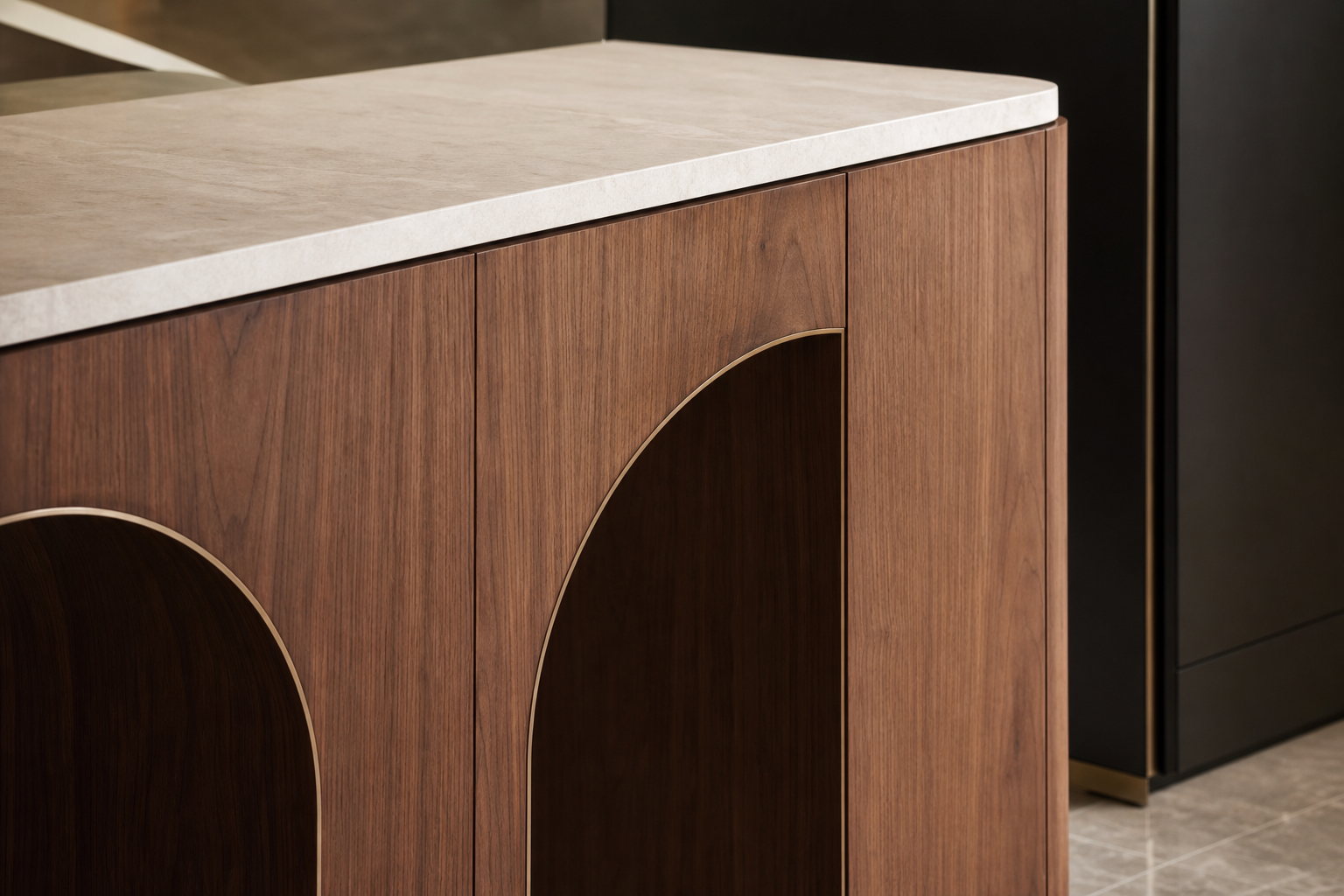 Fadior Meridian Kitchen Suite with Servery Window Island Arcade — close-up of stainless steel finish and hardware detail