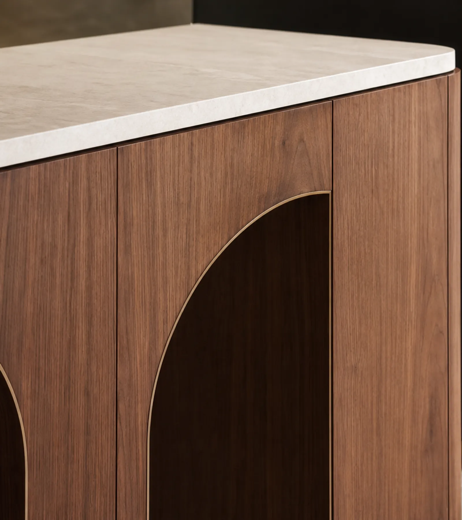 Fadior Meridian Kitchen Suite with Servery Window Island Arcade — close-up of stainless steel finish and hardware detail