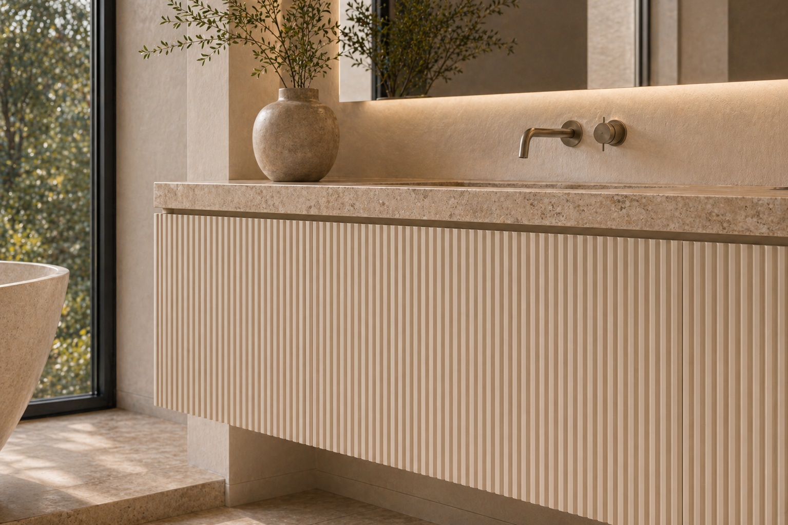 Fadior Ethereal Bath and Vanity Suite with Fluted Cloudlight Vanity Bay — close-up of stainless steel finish and hardware detail