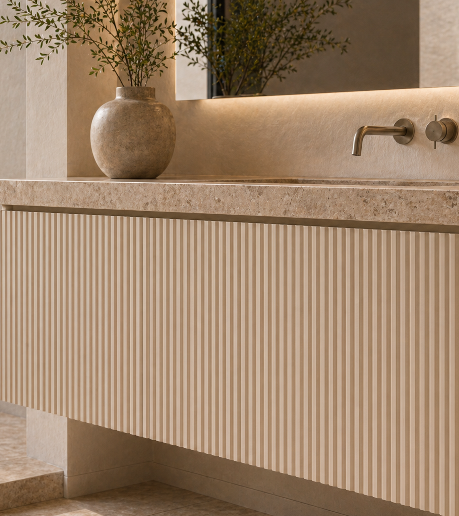 Fadior Ethereal Bath and Vanity Suite with Fluted Cloudlight Vanity Bay — close-up of stainless steel finish and hardware detail