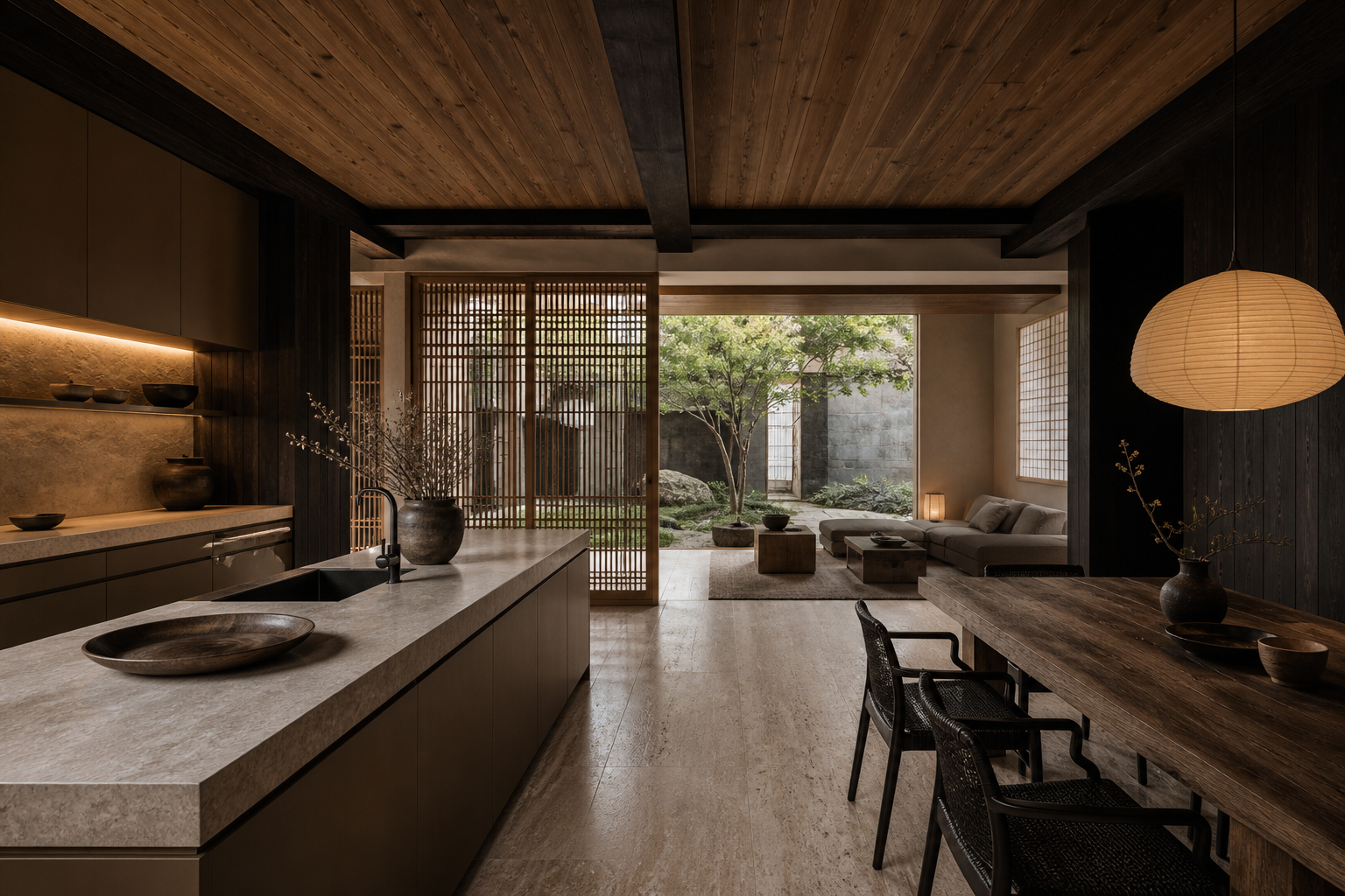 Fadior Shanghai Garden Courtyard Villa — Shanghai living and kitchen room with timber ceiling, island, dining table,