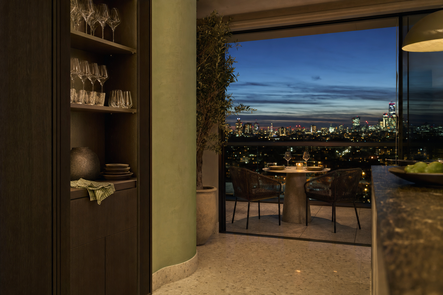 Fadior London 80 sqm Kitchen Penthouse — Fadior London penthouse terrace — oak cabinet, dining table, window, city light.