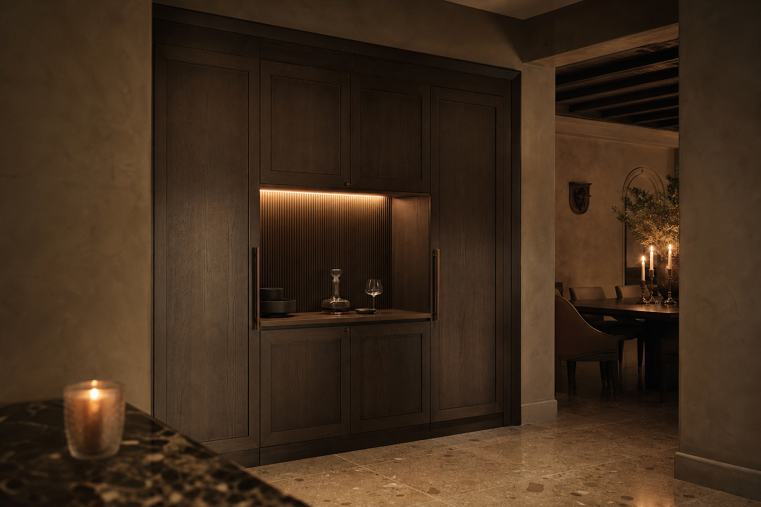 Fadior Gloria Wine Cabinet Suite with Pearl Ribbed Tasting Wall — lifestyle setting with natural light and residential