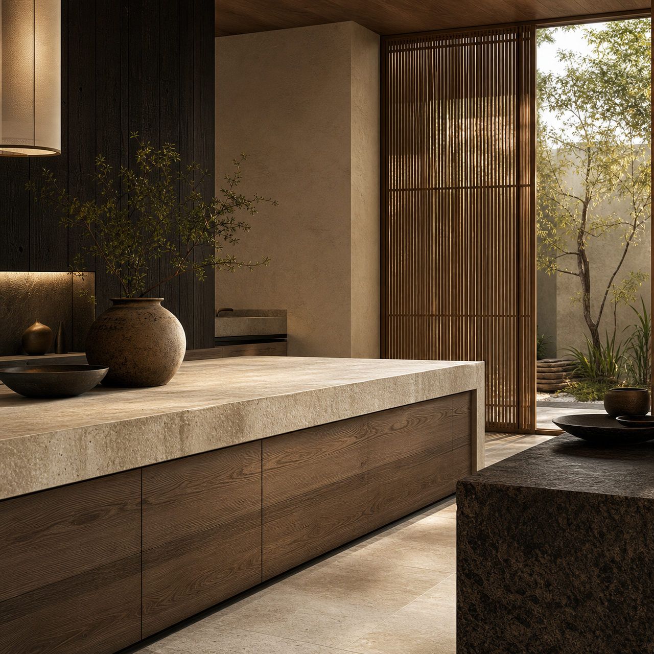 Material mood study with weathered stone, oak, and linen tones for stainless kitchen decisions.