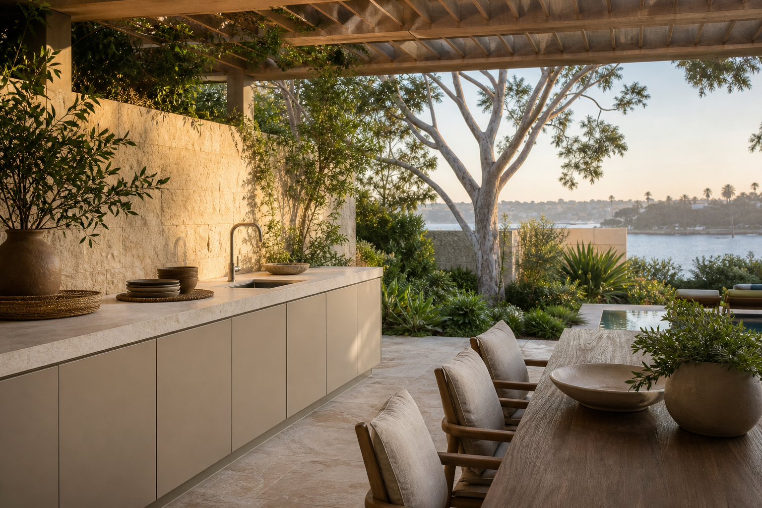 Fadior Sydney Garden Courtyard Villa — outdoor counter, dining chairs, timber pergola, eucalyptus tree, harbour terrace