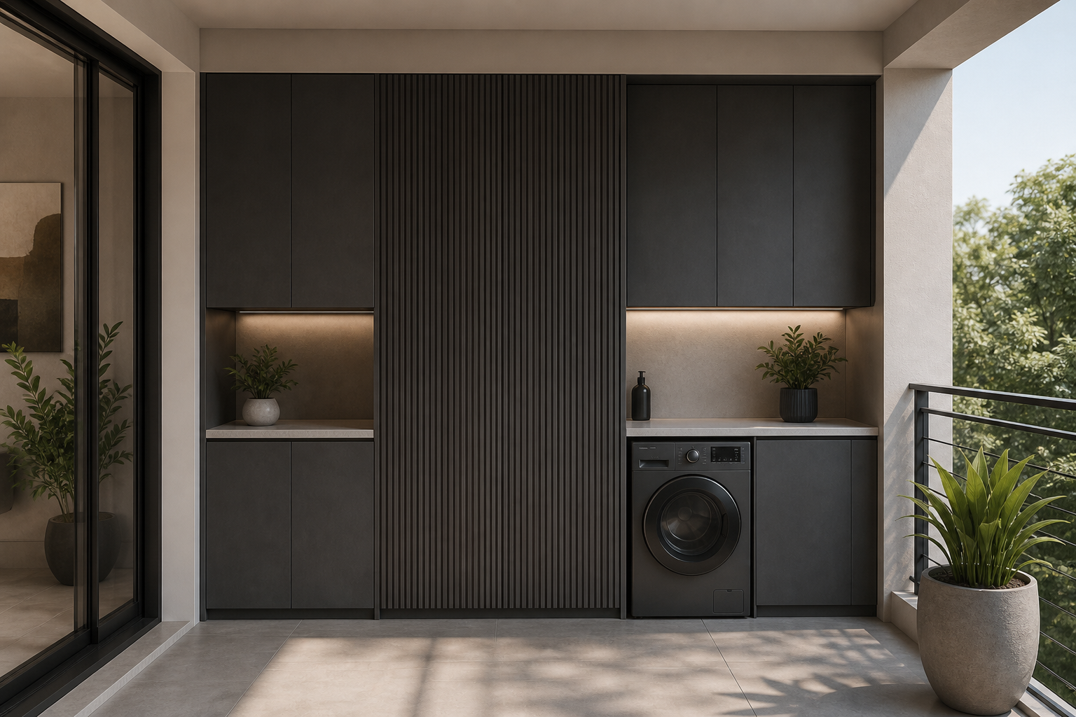 Fadior Dusk Balcony Suite with Slate Utility Screen — interior room context showing cabinet integration