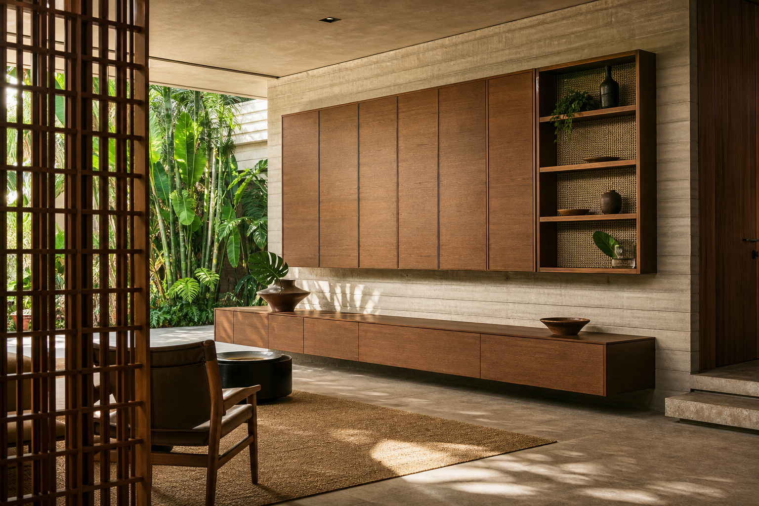 Fadior Patina Living Room Suite with Floating Plinth Salon Bar — interior room context showing cabinet integration