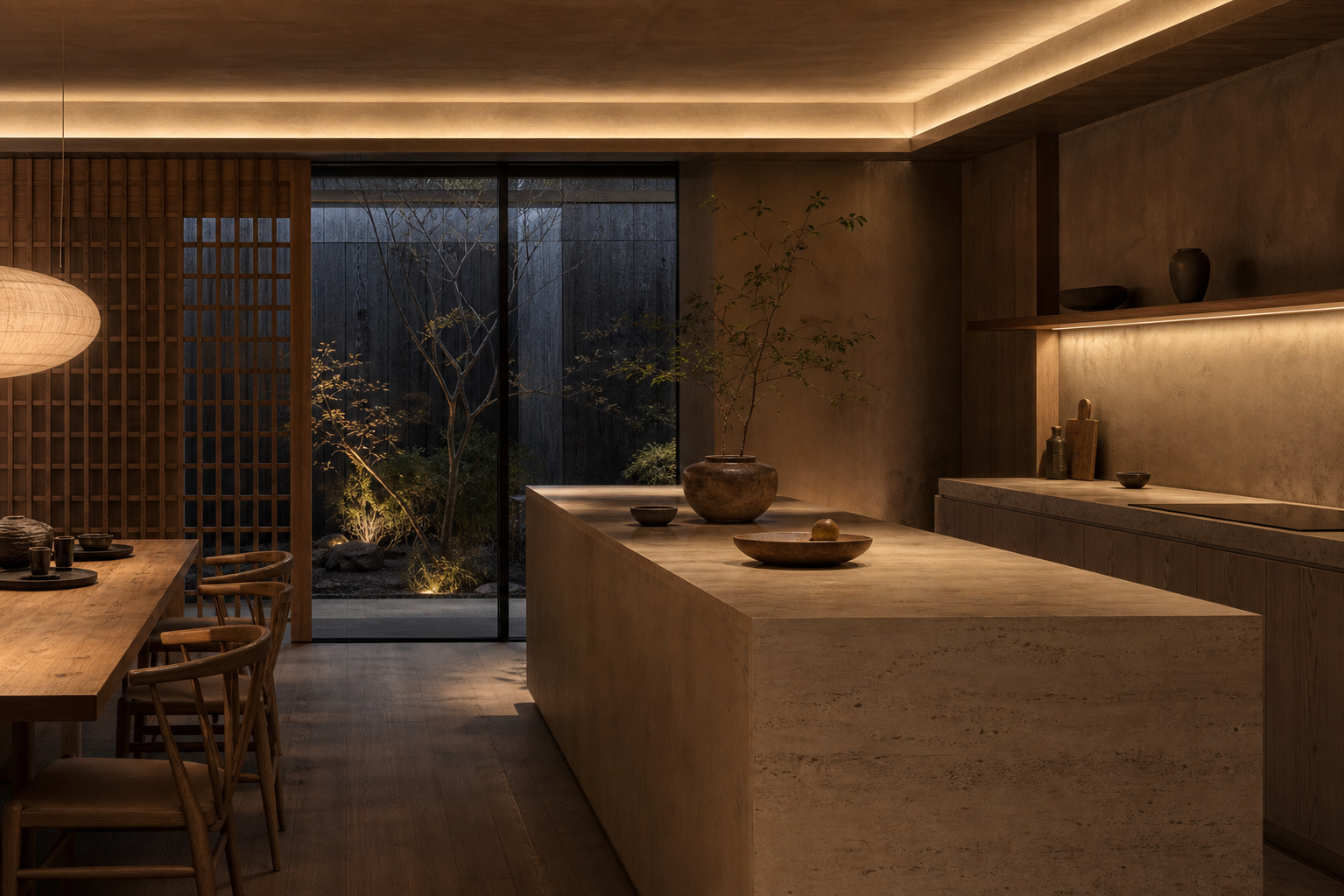 Warm layered kitchen lighting with courtyard view, soft ceiling glow, and calm residential atmosphere. — 304 stainless steel cabinetry editorial by Fadior