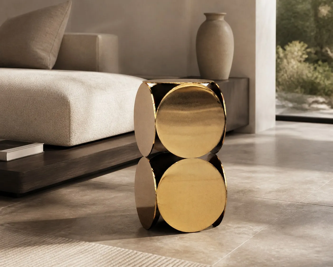 Disc-Faced Mirror Stainless Steel Side Table
