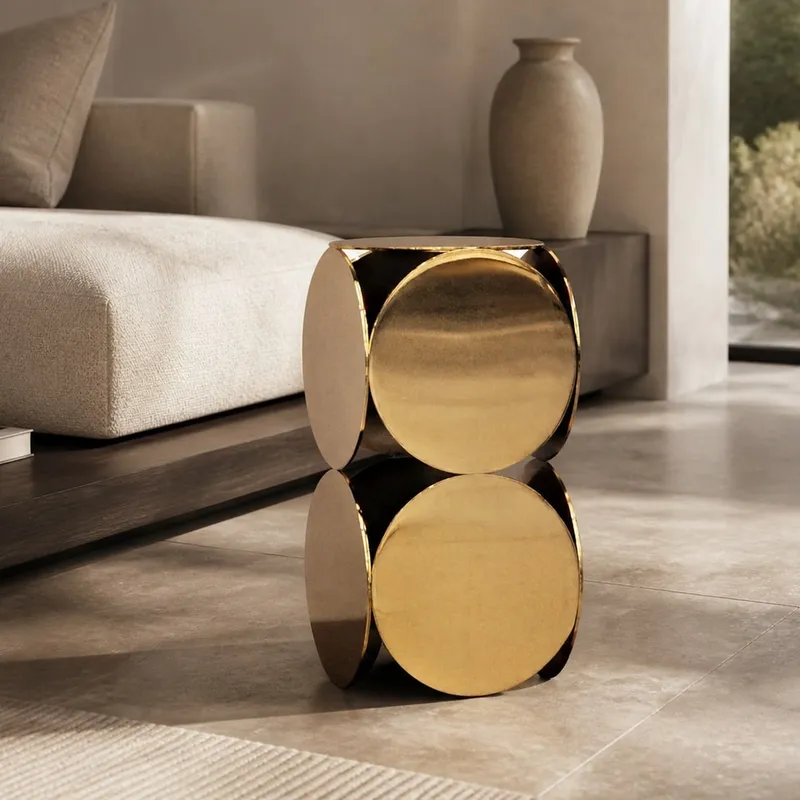 Disc-Faced Mirror Stainless Steel Side Table