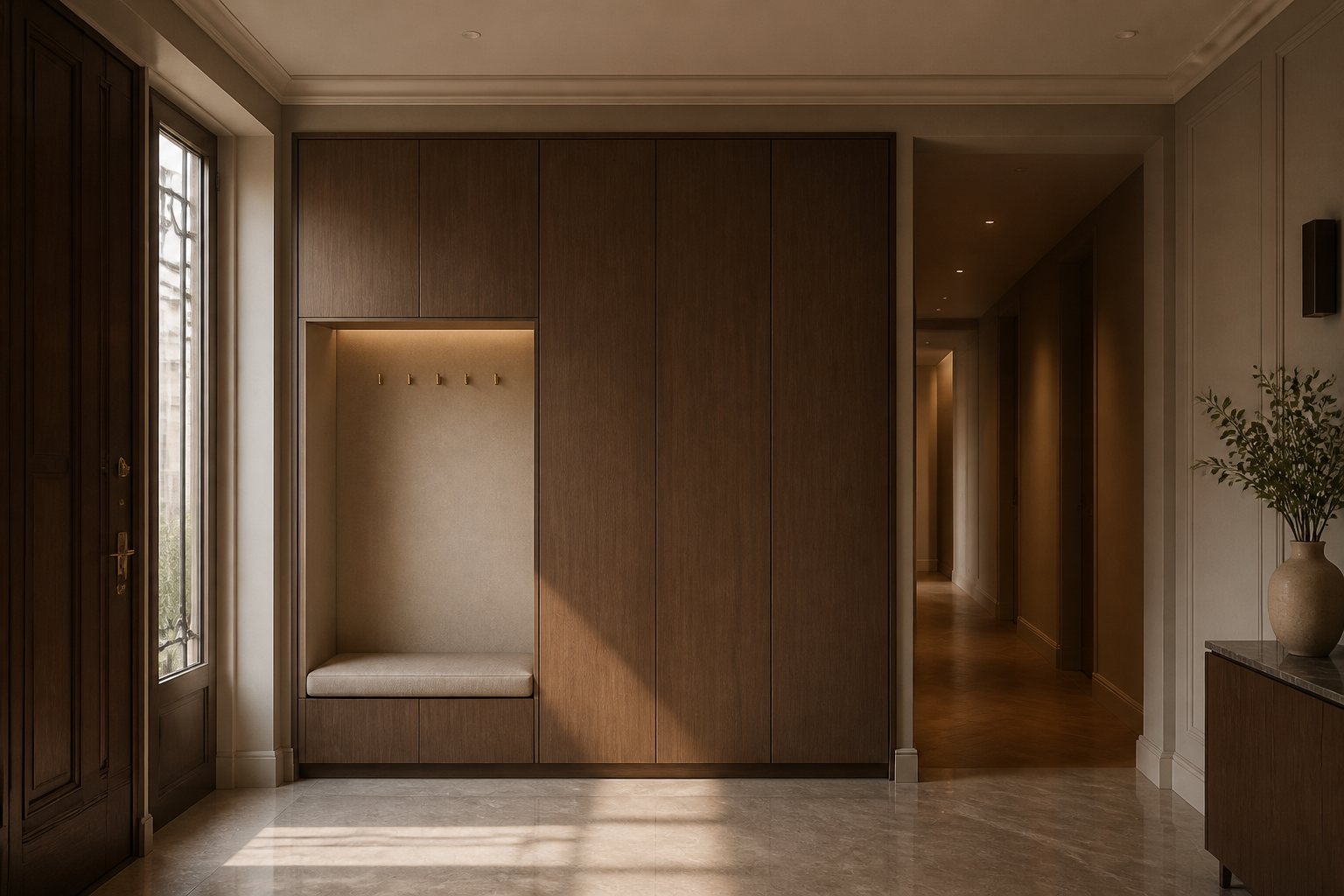 Fadior Loggia Entryway Suite with Shadowline Seating Portal — interior room context showing cabinet integration
