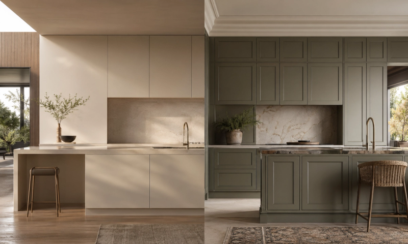 Decision comparison scene: a premium kitchen showing calmer seamless cabinetry on one side and a busier joint-heavy cabinet composition on the other.