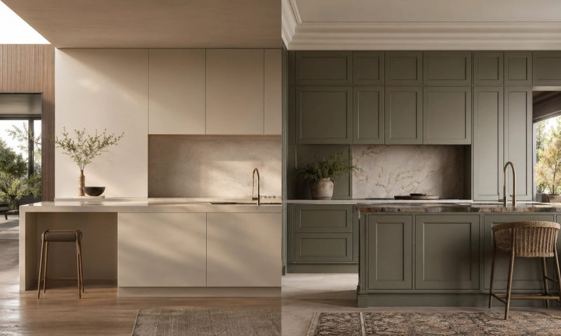 Decision comparison scene: a premium kitchen showing calmer seamless cabinetry on one side and a busier joint-heavy cabinet composition on the other.