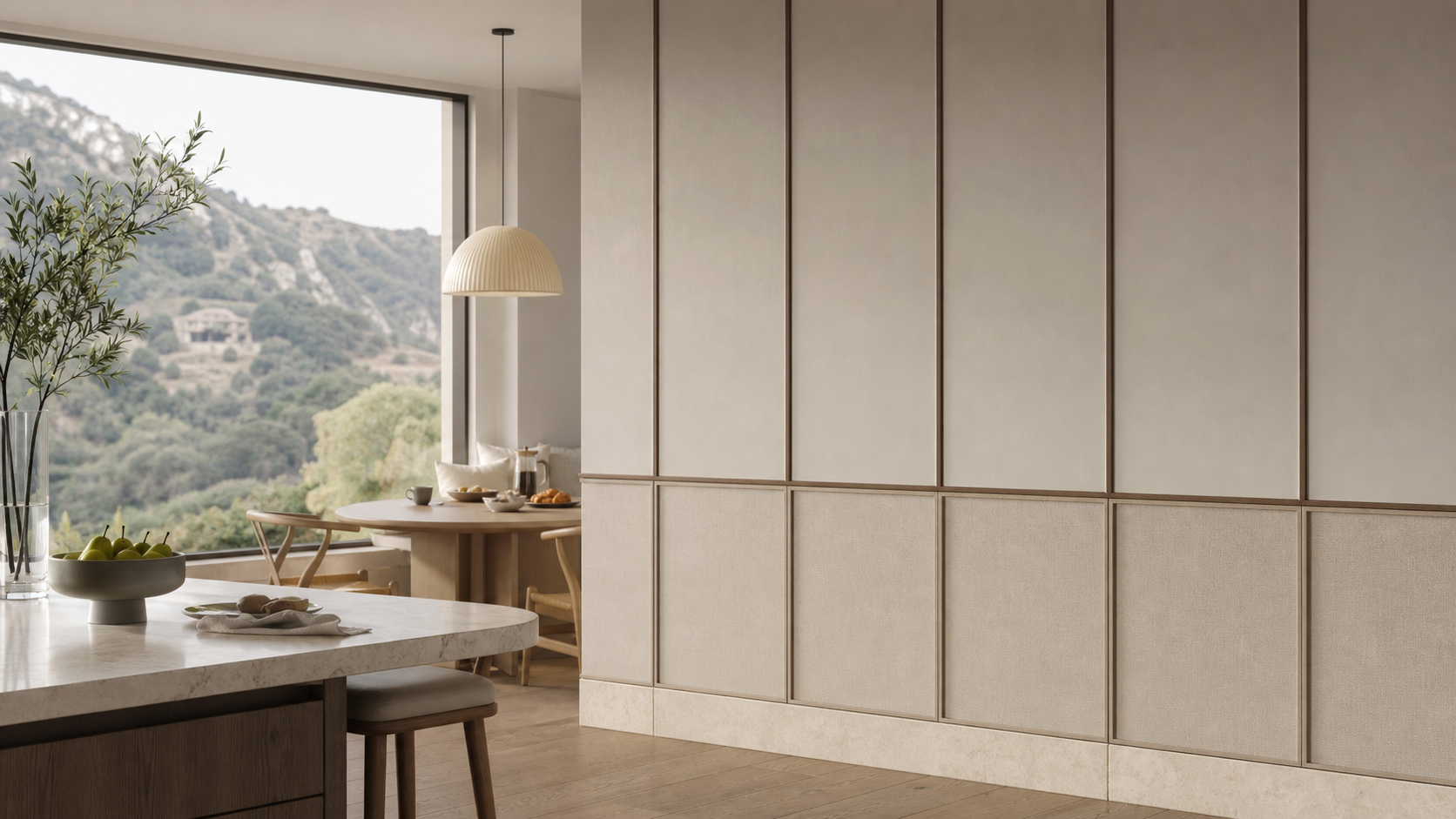 Fadior Terrazzo Wall Panel Suite with Linen Shadow Wainscot — lifestyle setting with natural light and residential styling