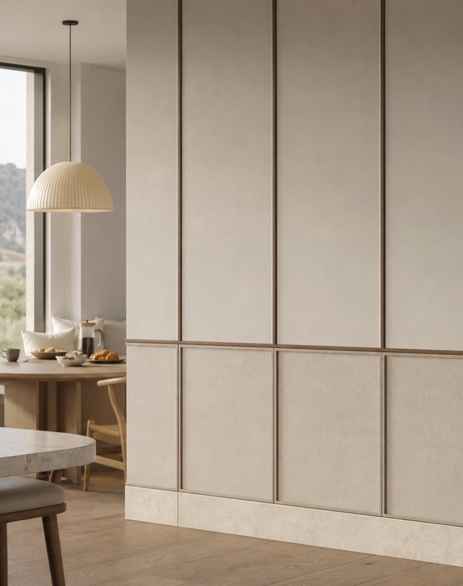 Fadior Terrazzo Wall Panel Suite with Linen Shadow Wainscot — lifestyle setting with natural light and residential styling