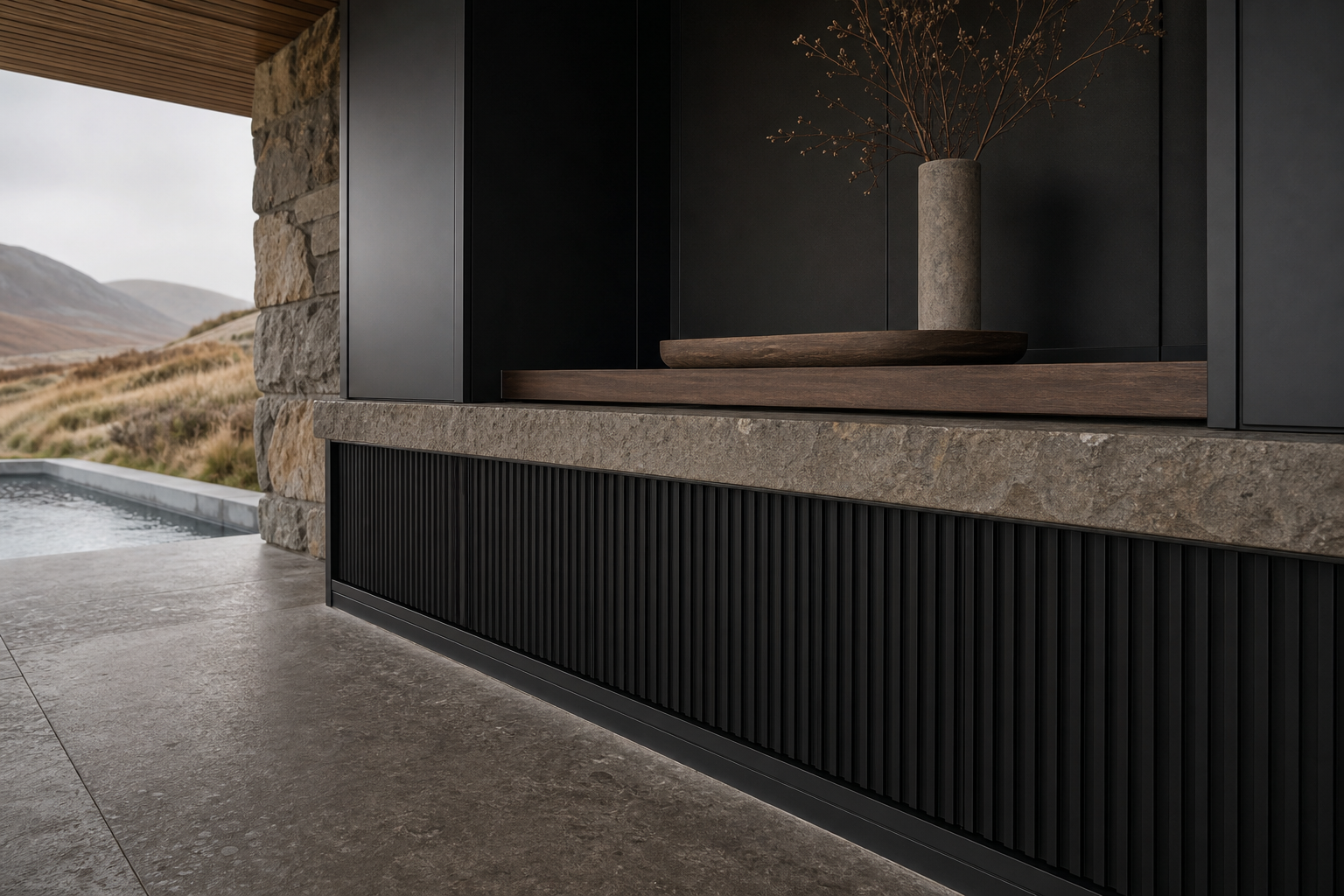 Fadior Ecliptic Entryway Suite with Reeded Shoe Plinth Gallery — close-up of stainless steel finish and hardware detail
