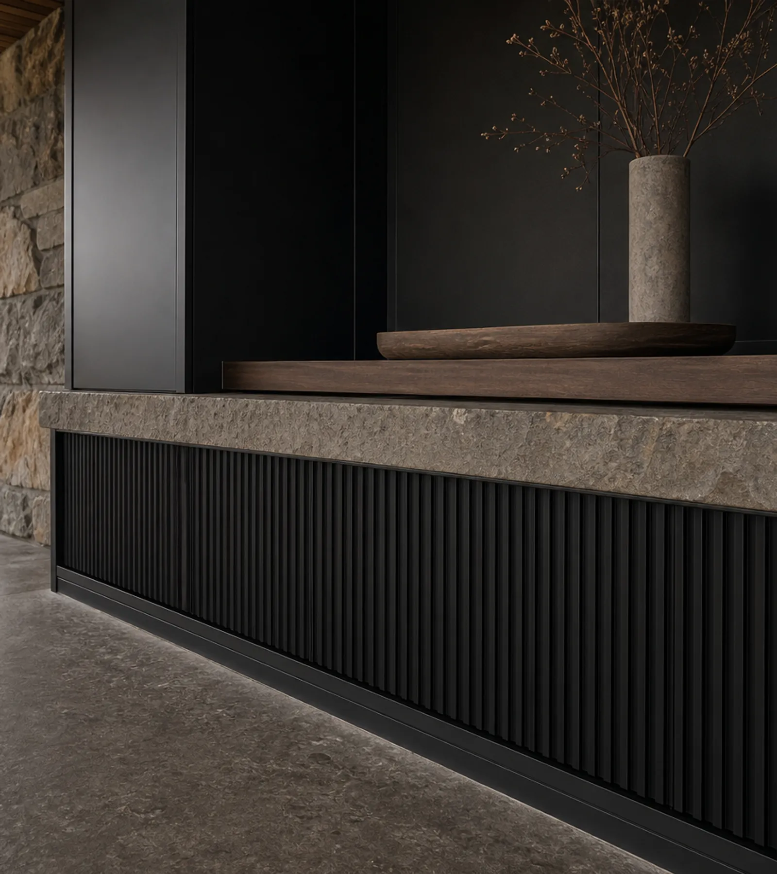 Fadior Ecliptic Entryway Suite with Reeded Shoe Plinth Gallery — close-up of stainless steel finish and hardware detail