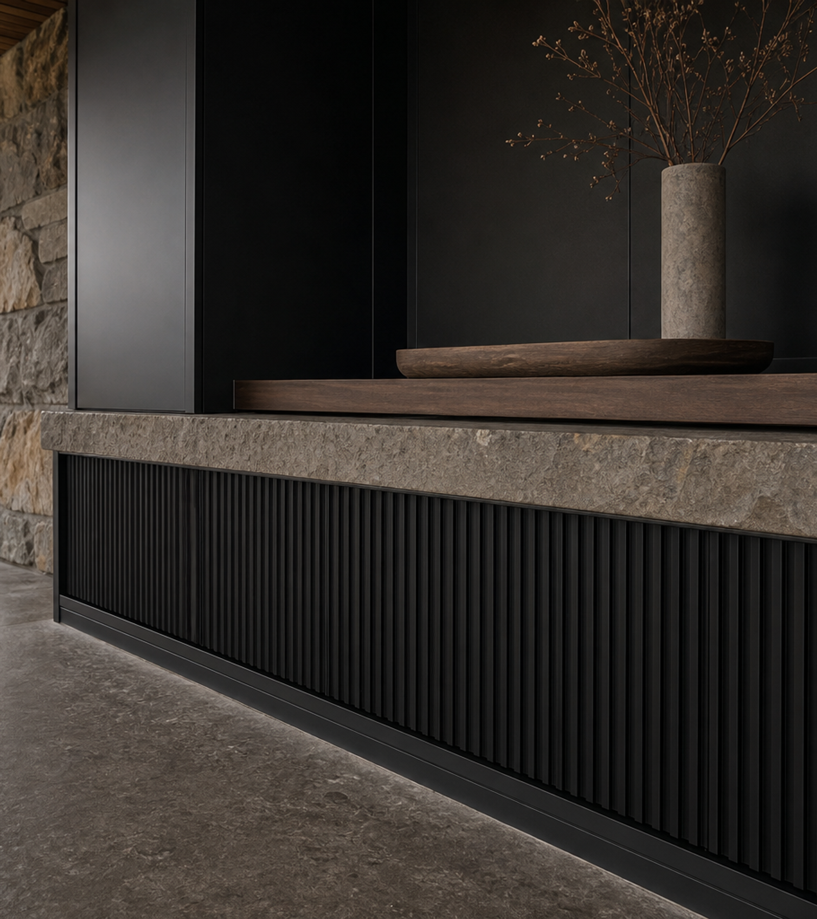 Fadior Ecliptic Entryway Suite with Reeded Shoe Plinth Gallery — close-up of stainless steel finish and hardware detail