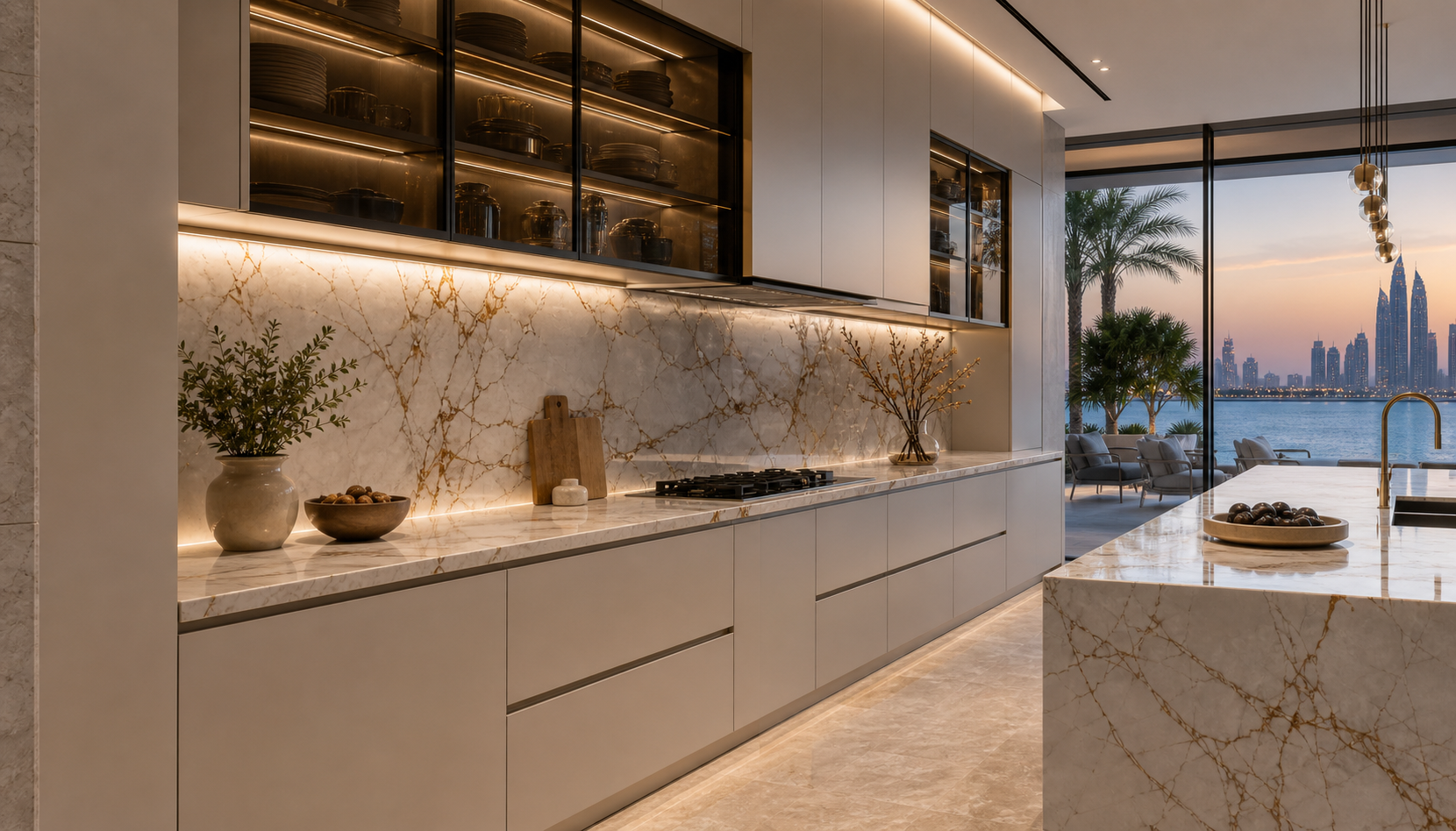 Fadior Dubai 450 sqm Kitchen Villa — marble countertop, ivory cabinet, travertine floor, glass window, palm view