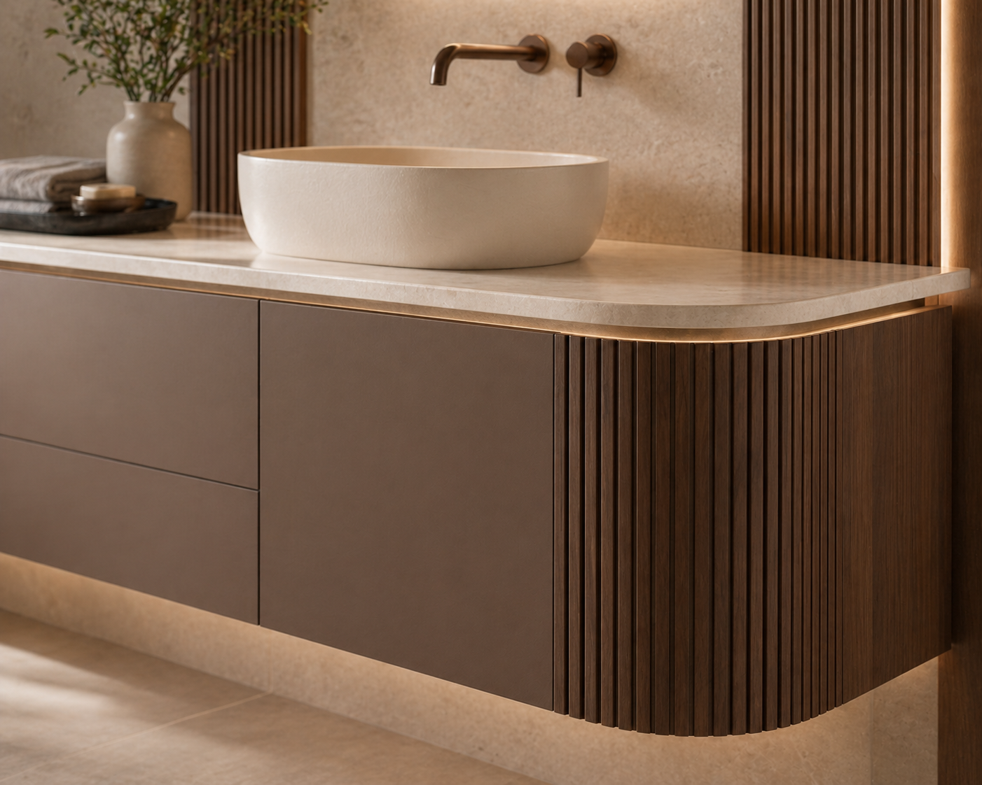 Fadior Solstice Bath and Vanity Suite with Floating Arc Basin Wall — close-up of stainless steel finish and hardware detail