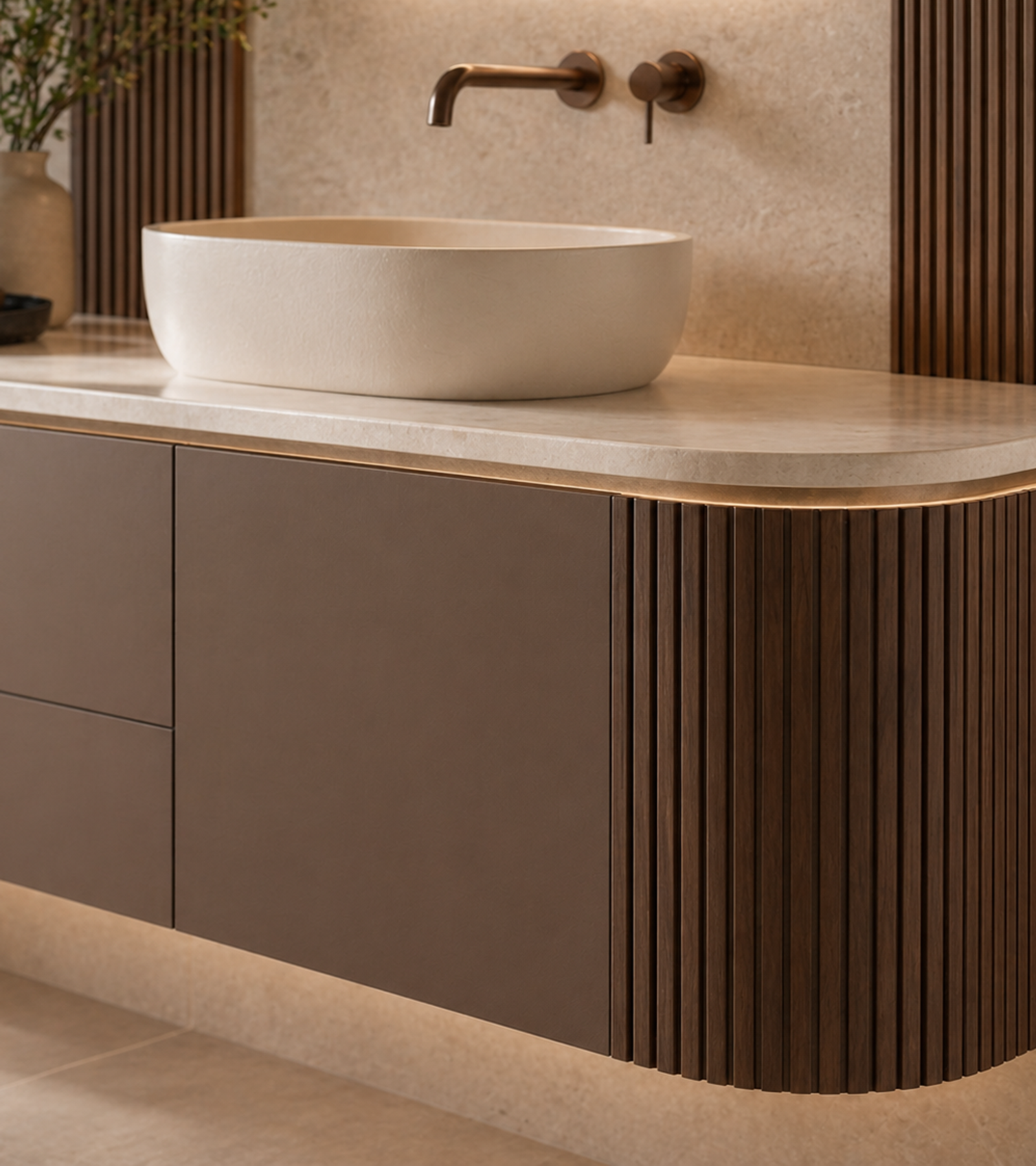 Fadior Solstice Bath and Vanity Suite with Floating Arc Basin Wall — close-up of stainless steel finish and hardware detail