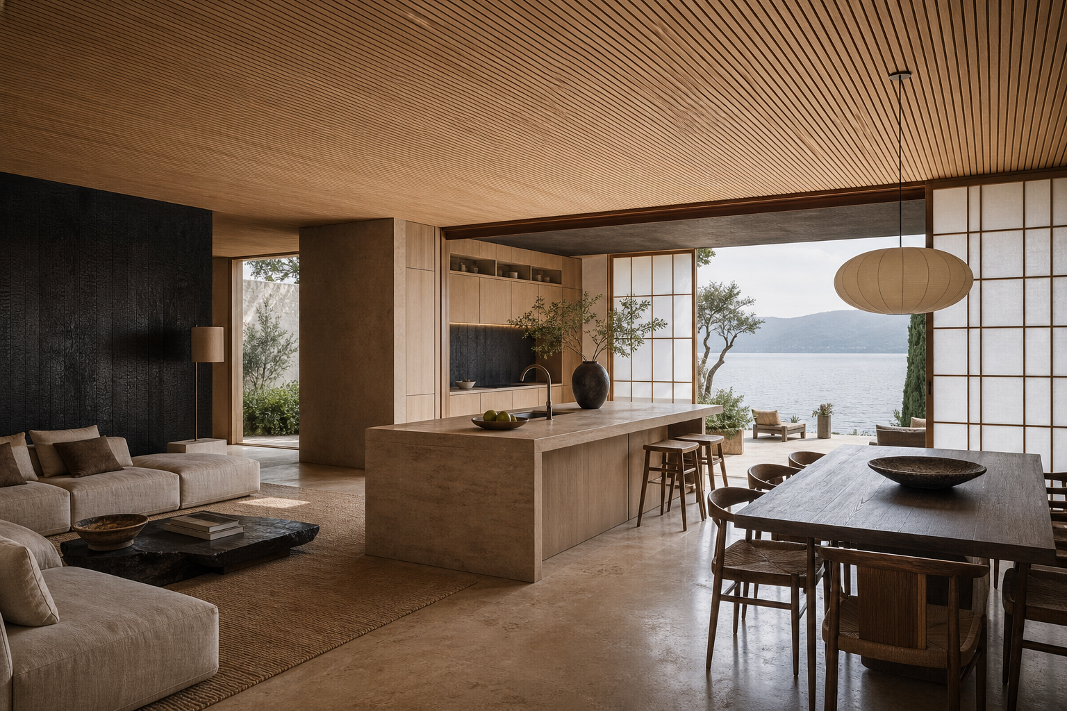 Fadior Como 320 sqm Kitchen Villa — Como villa living room with kitchen island, dining table, cypress cabinets,