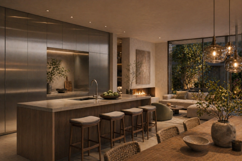 Lifestyle context: an open-plan kitchen and living room with brushed 304 stainless steel cabinetry, warm finishes, and quiet evening hospitality.