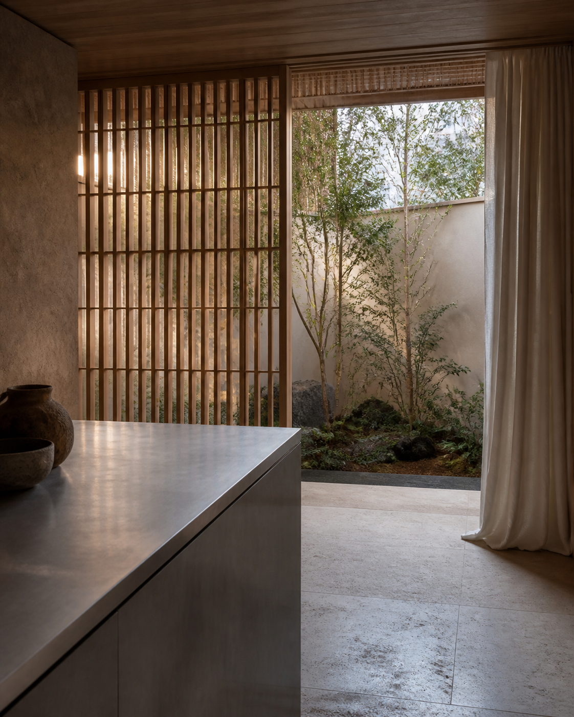 Fadior Tokyo 120 sqm Kitchen Penthouse — steel counter, timber lattice, courtyard tree, balcony curtain