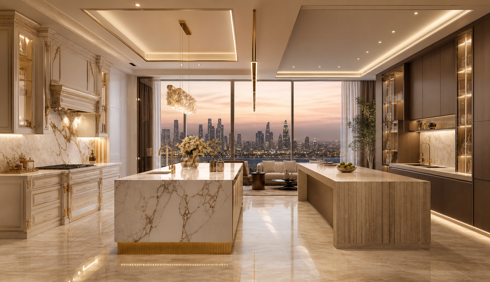 Two-zone luxury kitchen scene comparing ornate styling with cleaner integrated Italian design logic.