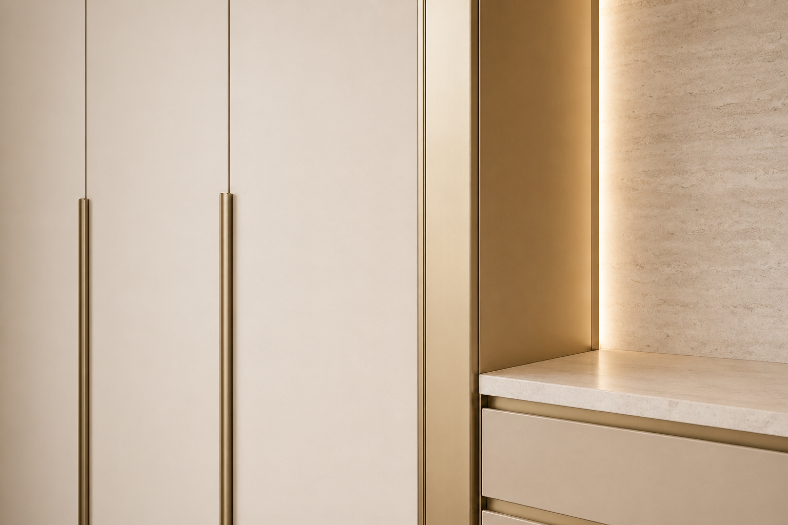 Fadior Elementum Wardrobe Suite with Low-Silica Dressing Spine — close-up of stainless steel finish and hardware detail