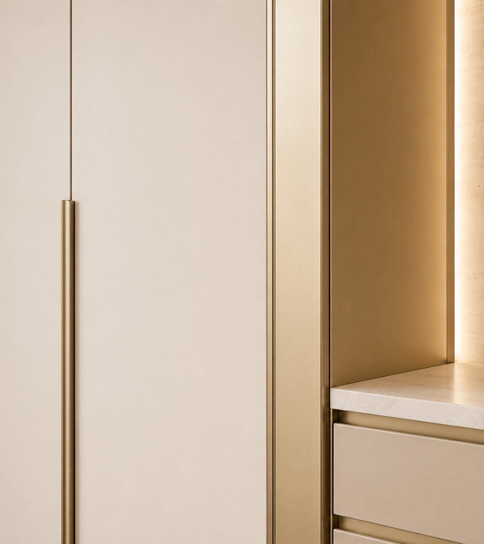 Fadior Elementum Wardrobe Suite with Low-Silica Dressing Spine — close-up of stainless steel finish and hardware detail