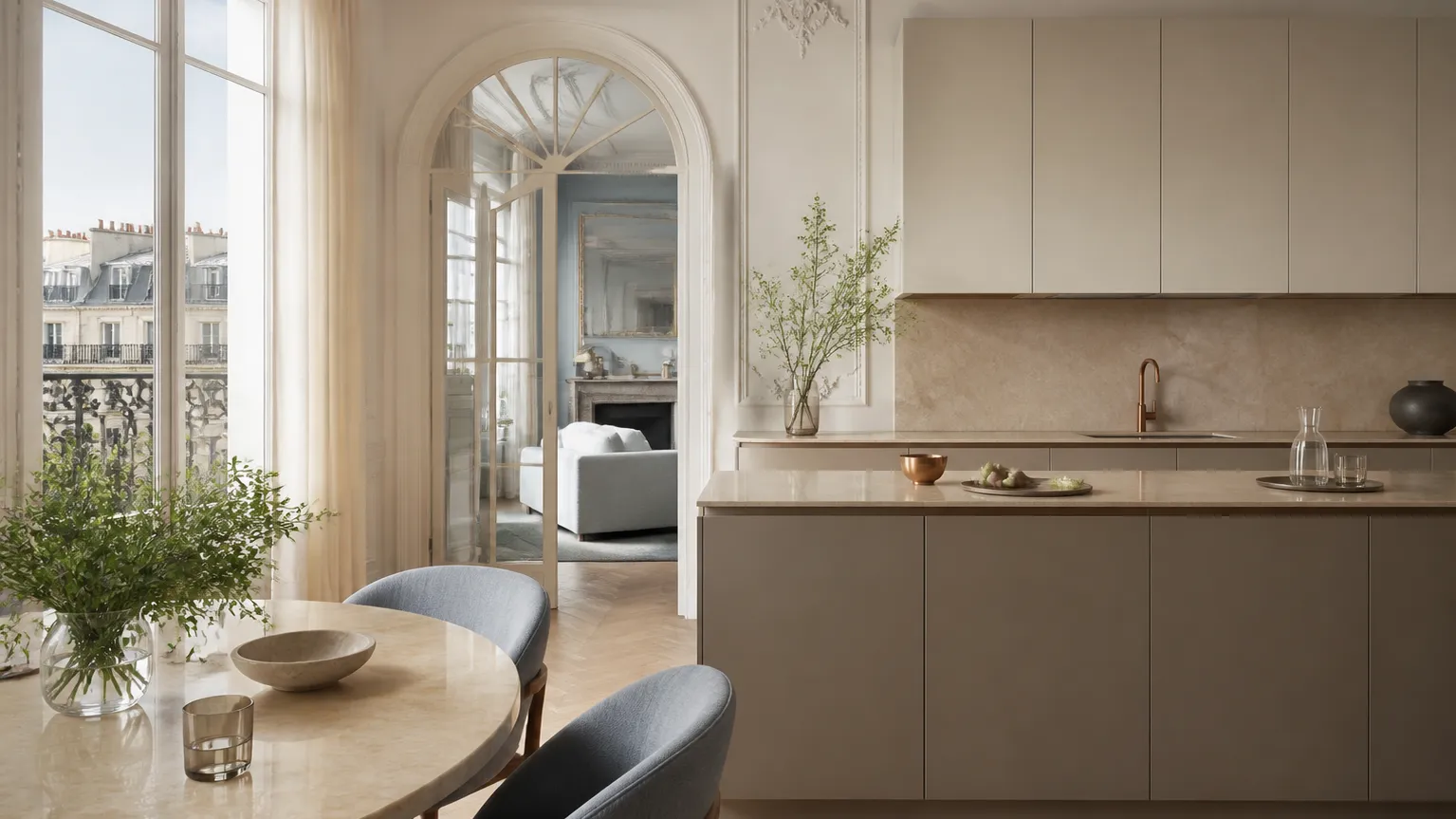 Paris apartment kitchen with warm taupe cabinetry and tall windows, creating a refined atmosphere for material review.