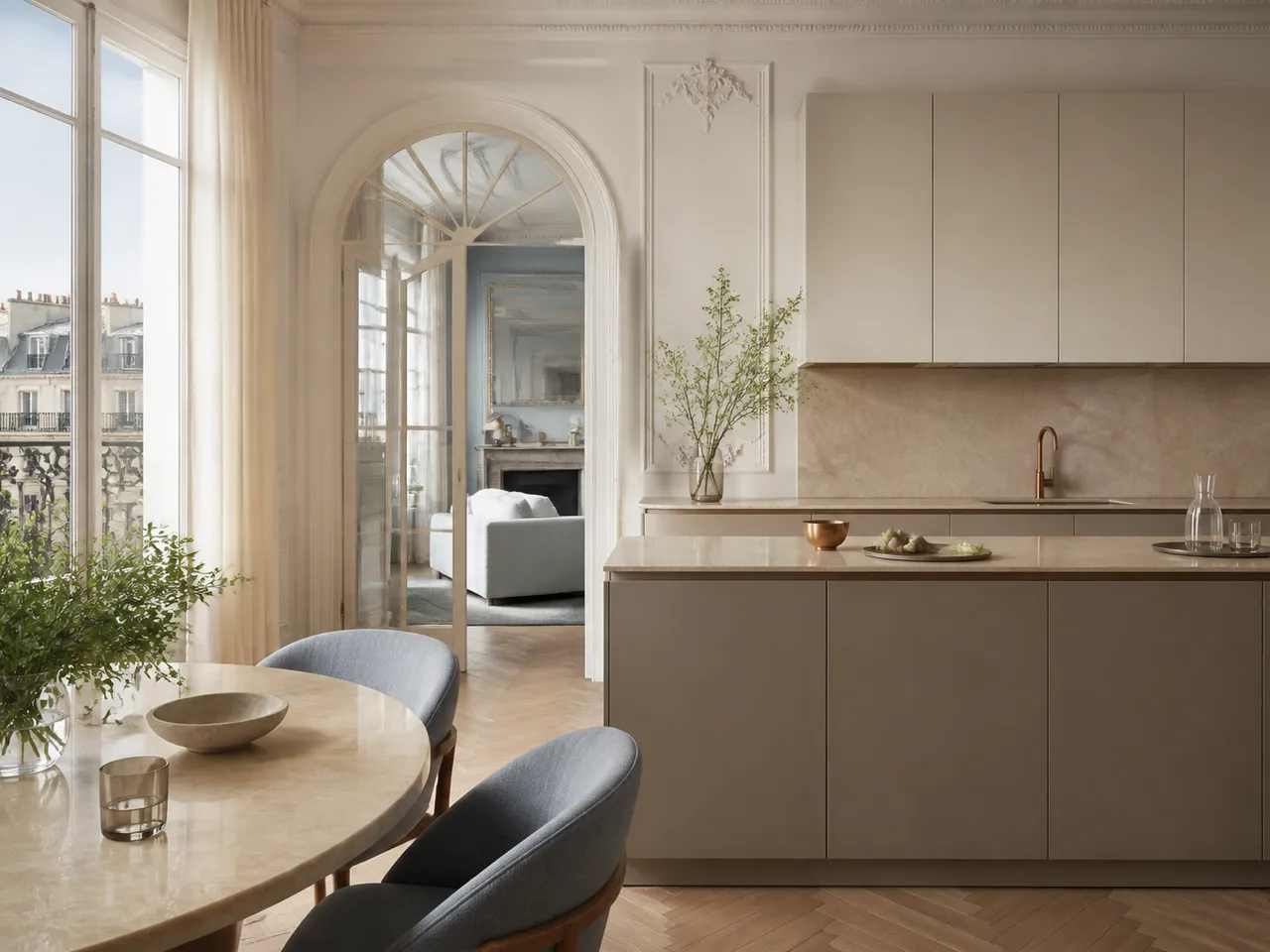 Paris apartment kitchen with warm taupe cabinetry and tall windows, creating a refined atmosphere for material review. — 304 stainless steel cabinetry editorial by Fadior