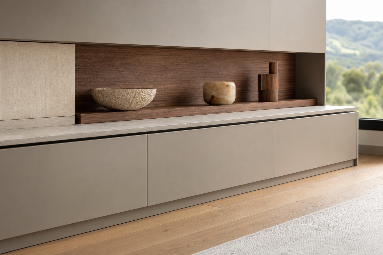Fadior Galleria Living Room Suite with Museum Slot Console — close-up of stainless steel finish and hardware detail