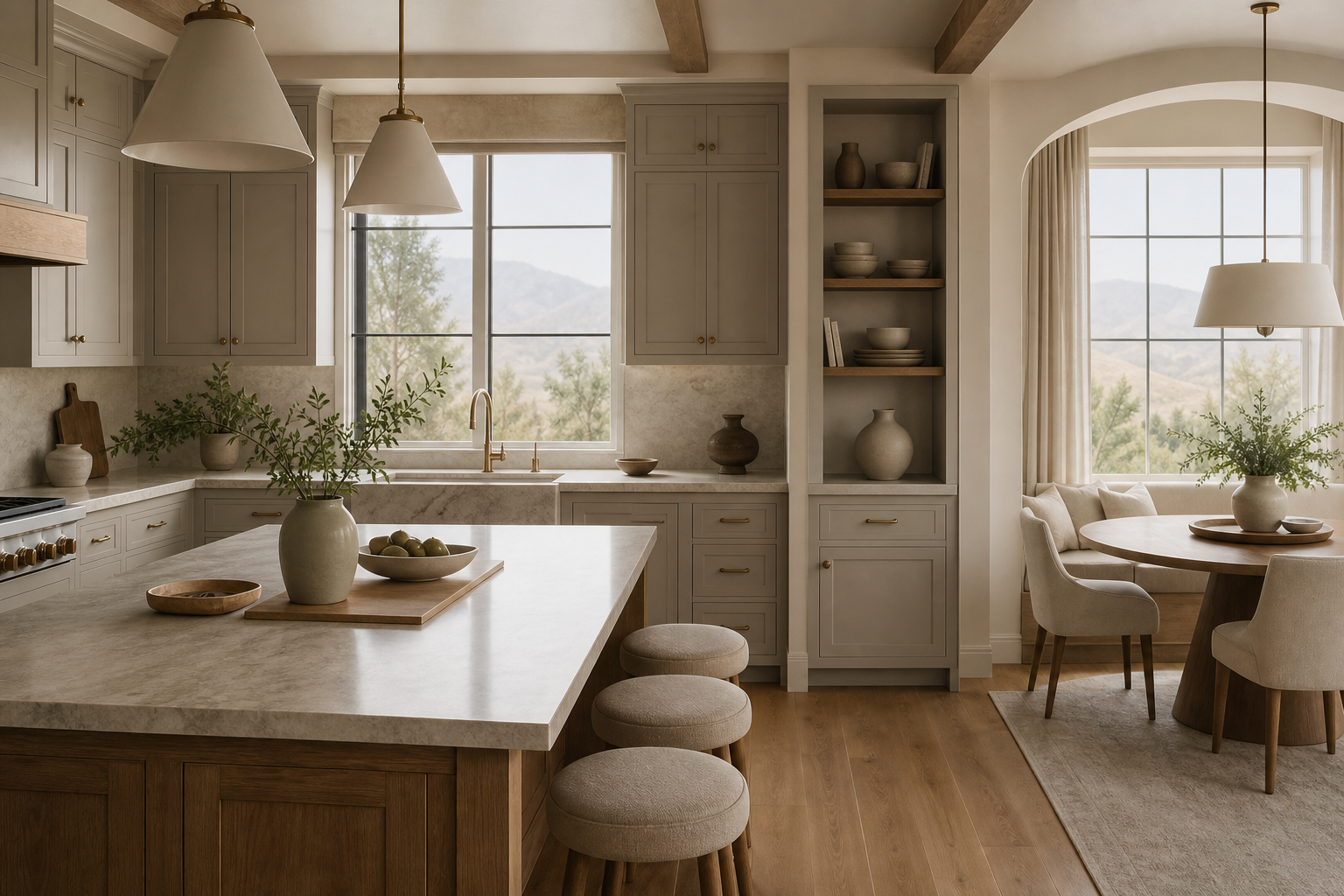 Calm family dining kitchen with warm grey cabinetry, pale stone island, and breakfast nook.