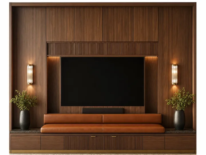 Fadior Galleria Living Room Suite with Cognac Banquette Audio Ledge — 304 stainless steel living room system, front view