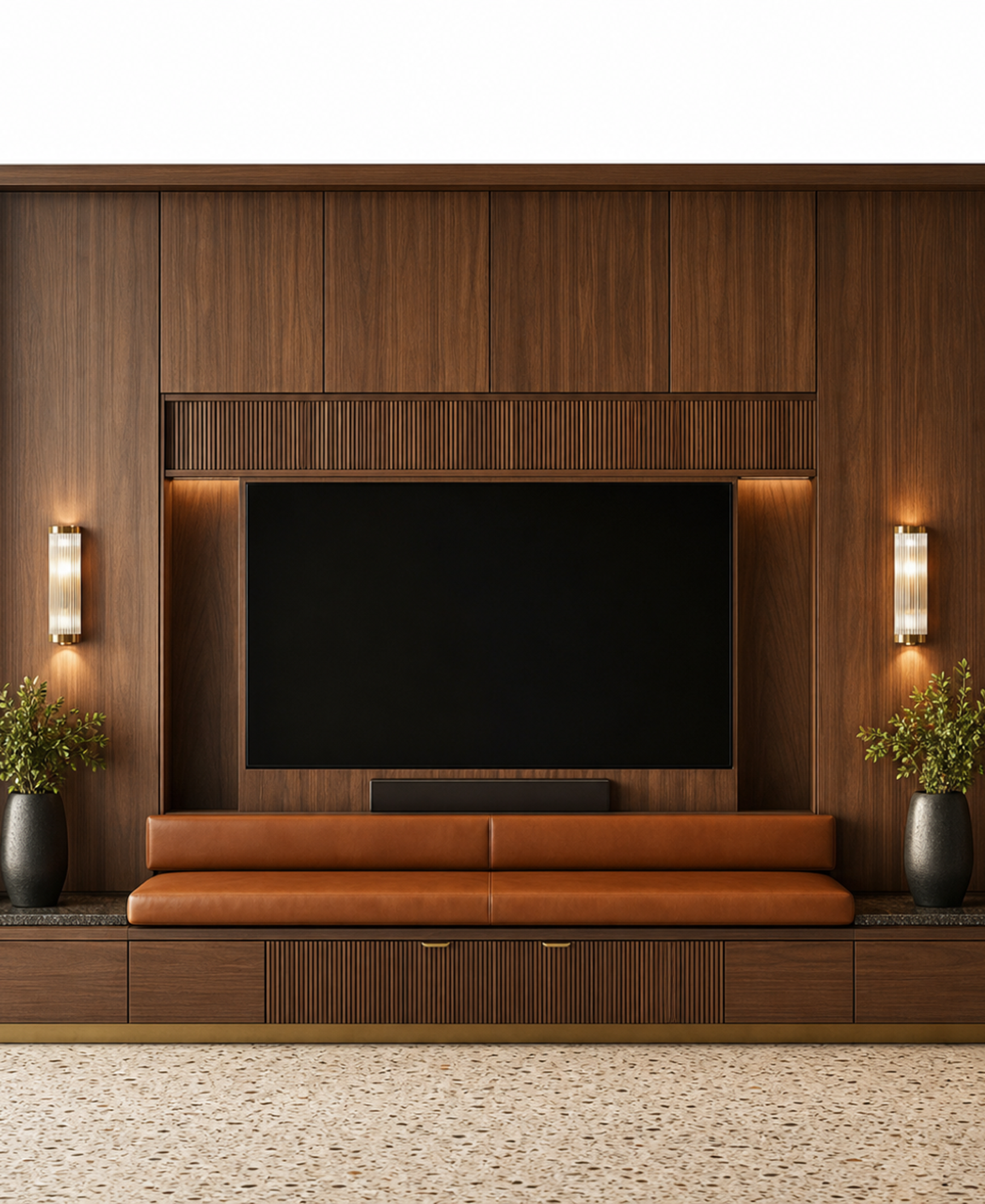 Fadior Galleria Living Room Suite with Cognac Banquette Audio Ledge — 304 stainless steel living room system, front view