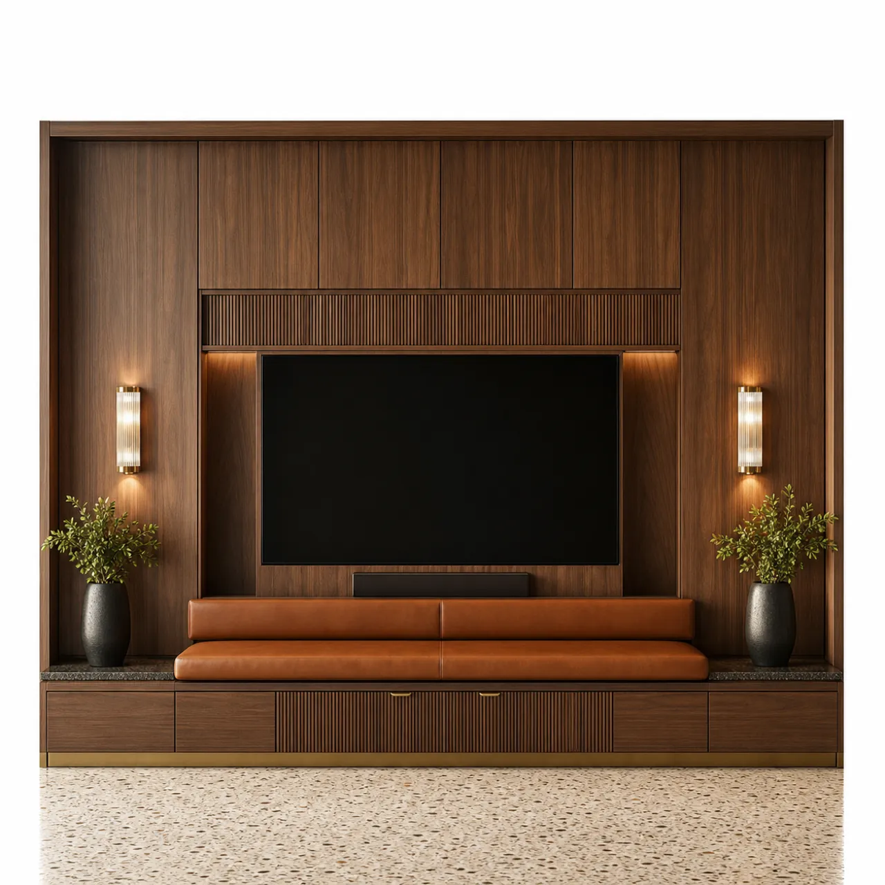 Suite de Sala de Estar Galleria con Repisa de Audio y Banqueta Cognac vista principal