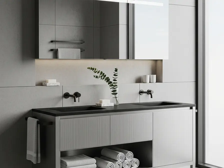 Fadior Acqua Vanity Suite - waterproof 304 stainless steel bath vanity with mirror storage, moisture-resistant finishes, and grooming storage